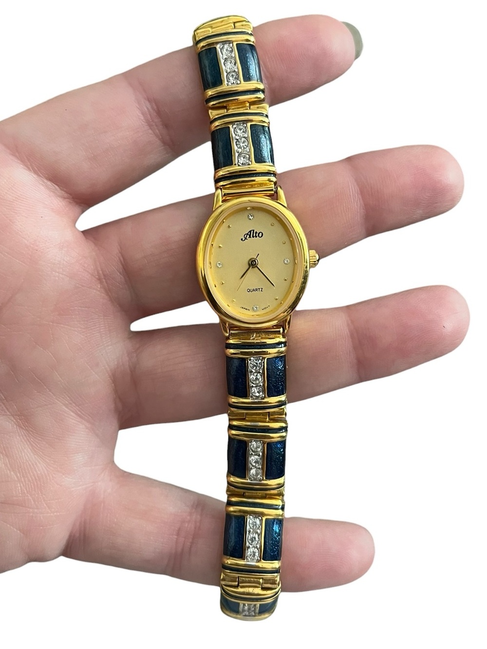 Alto Quartz‎ Women’s Gold Tone Blue Enamel Rhinestone Bracelet Watch Japan 7.5”